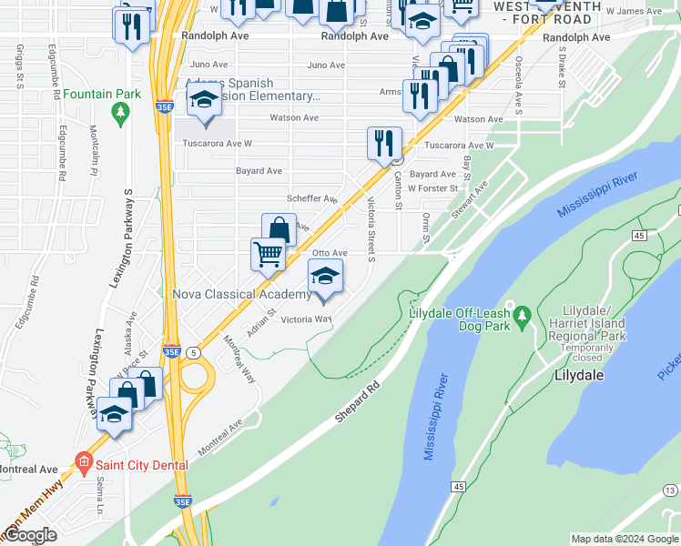 map of restaurants, bars, coffee shops, grocery stores, and more near 739 Mercer Street in Saint Paul
