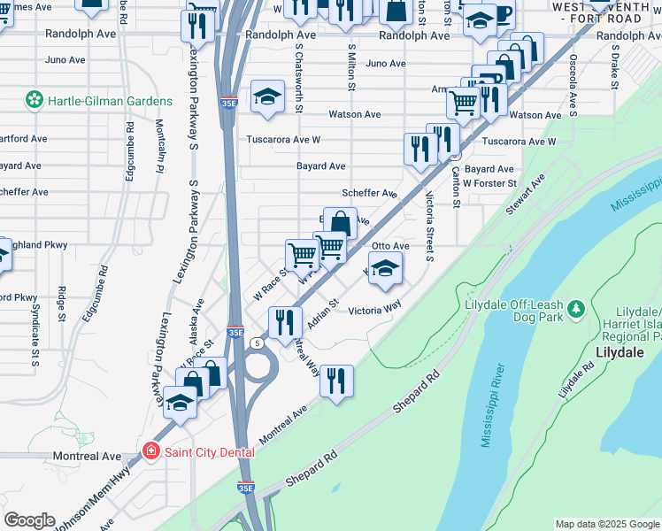 map of restaurants, bars, coffee shops, grocery stores, and more near 1473 Minnesota 5 in Saint Paul