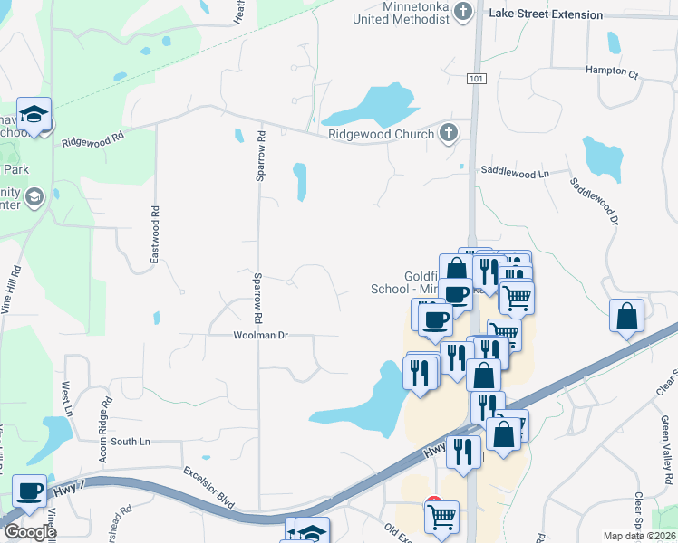 map of restaurants, bars, coffee shops, grocery stores, and more near 18104 Priory Lane in Minnetonka