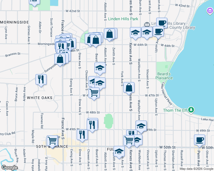map of restaurants, bars, coffee shops, grocery stores, and more near 4621 Abbott Avenue South in Minneapolis