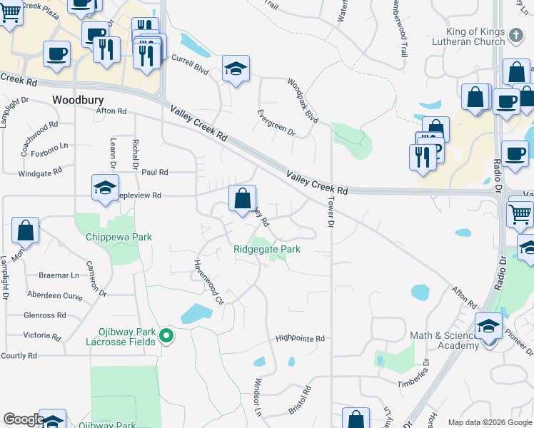 map of restaurants, bars, coffee shops, grocery stores, and more near 7812 Dunmore Road in Woodbury