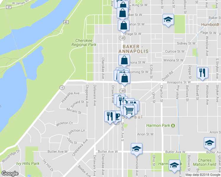 map of restaurants, bars, coffee shops, grocery stores, and more near 901 Ottawa Avenue in Saint Paul