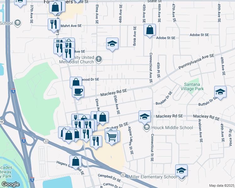 map of restaurants, bars, coffee shops, grocery stores, and more near 835 Eldin Avenue Southeast in Salem