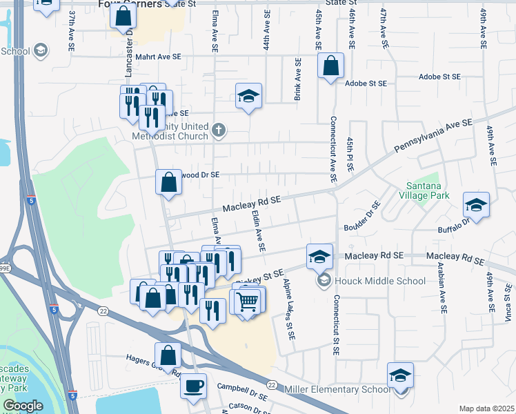 map of restaurants, bars, coffee shops, grocery stores, and more near 835 Eldin Avenue Southeast in Salem