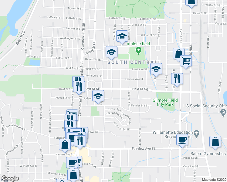 map of restaurants, bars, coffee shops, grocery stores, and more near 590 Hoyt Street Southeast in Salem