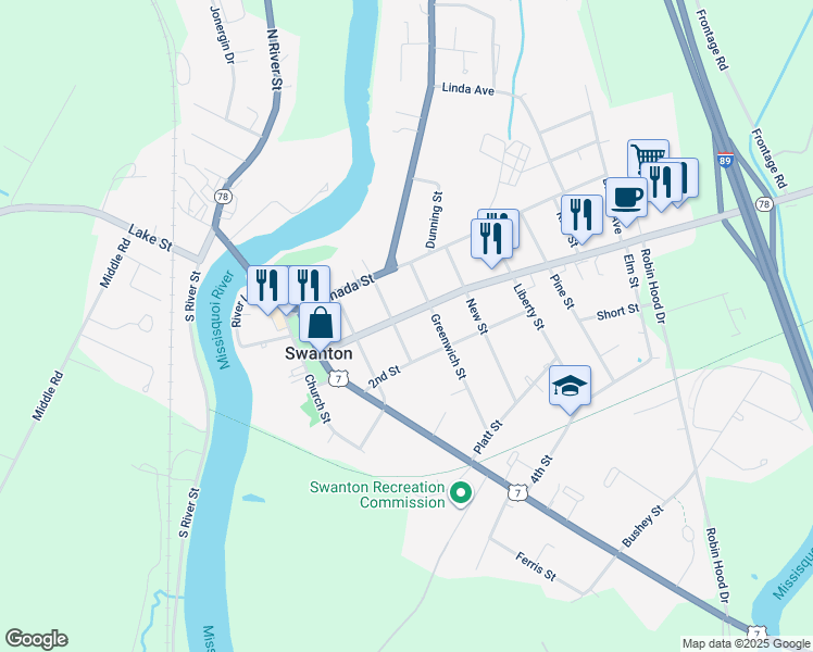 map of restaurants, bars, coffee shops, grocery stores, and more near 44 1st Street in Swanton