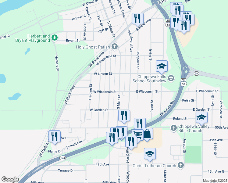 map of restaurants, bars, coffee shops, grocery stores, and more near 658 South Main Street in Chippewa Falls