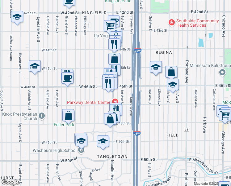 map of restaurants, bars, coffee shops, grocery stores, and more near 4621 Nicollet Avenue in Minneapolis