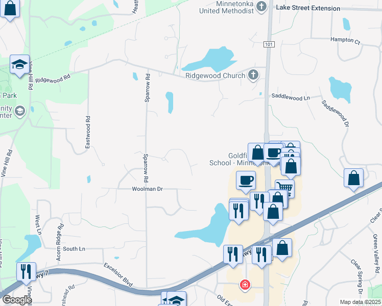 map of restaurants, bars, coffee shops, grocery stores, and more near 18104 Priory Lane in Minnetonka