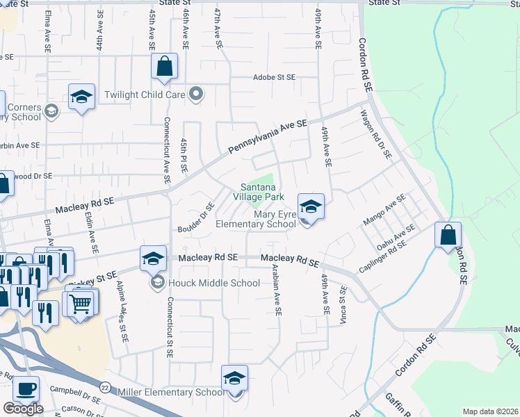 map of restaurants, bars, coffee shops, grocery stores, and more near 886 Shawnee Drive Southeast in Salem