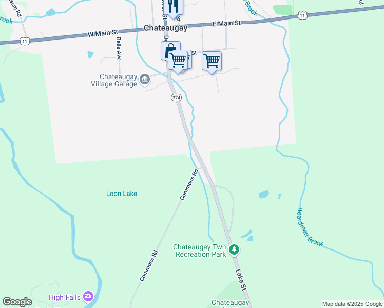 map of restaurants, bars, coffee shops, grocery stores, and more near 7393 Highway 374 in Chateaugay
