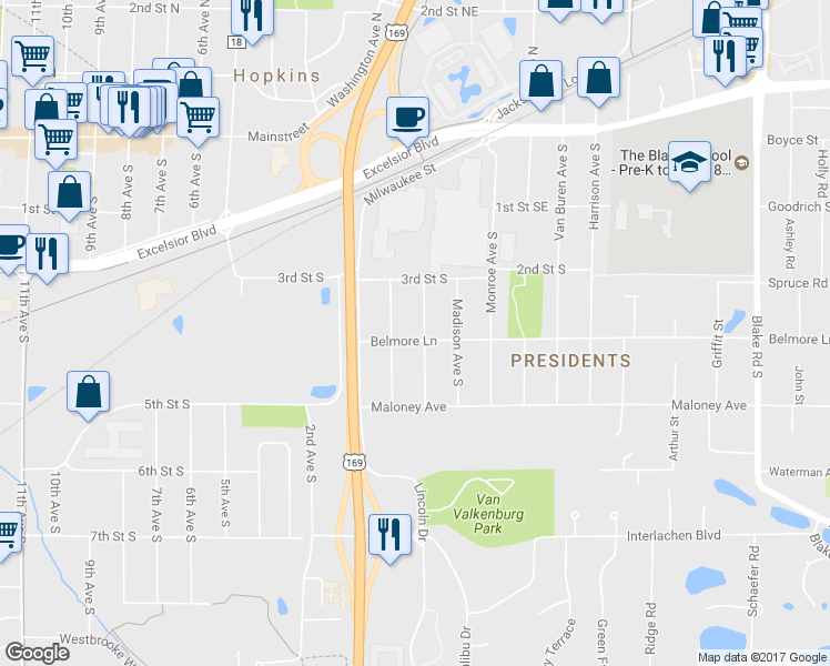 map of restaurants, bars, coffee shops, grocery stores, and more near 322 Jefferson Avenue South in Hopkins