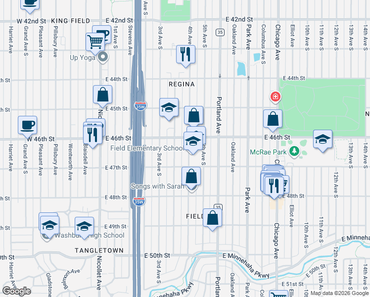 map of restaurants, bars, coffee shops, grocery stores, and more near in Minneapolis