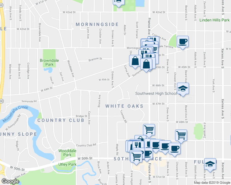 map of restaurants, bars, coffee shops, grocery stores, and more near 4081 Sunnyside Road in Minneapolis
