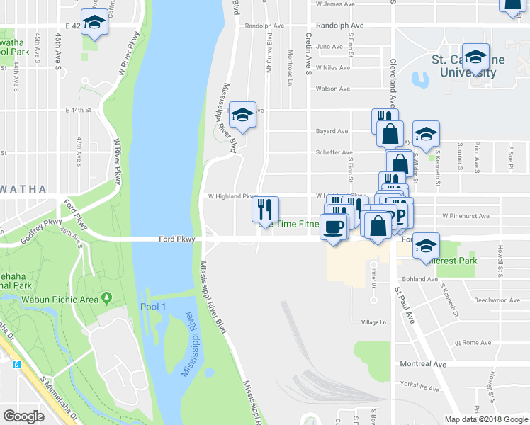 map of restaurants, bars, coffee shops, grocery stores, and more near 746 Mount Curve Boulevard in Saint Paul