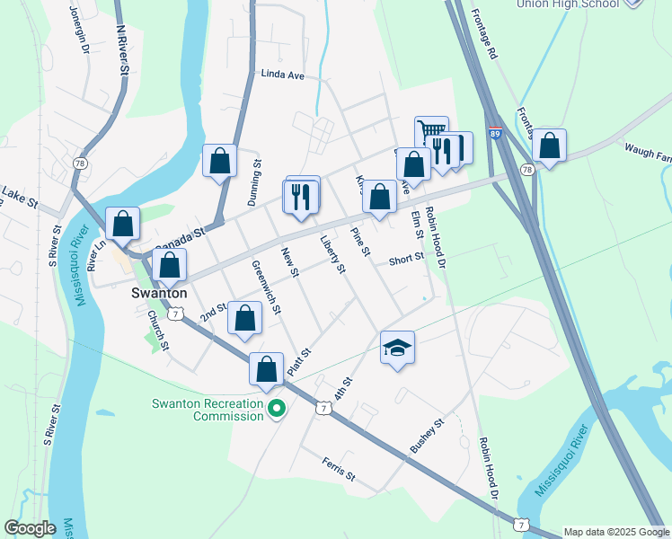 map of restaurants, bars, coffee shops, grocery stores, and more near 36 Liberty Street in Swanton