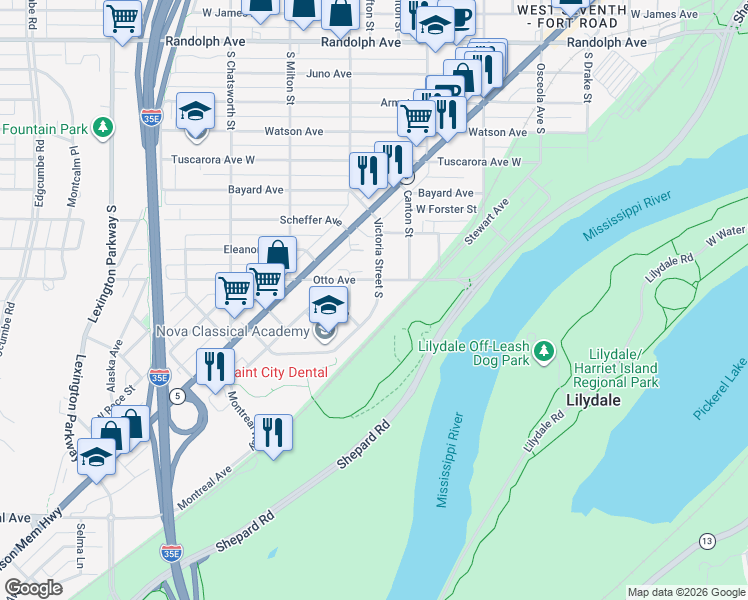 map of restaurants, bars, coffee shops, grocery stores, and more near 740 Victoria Street in Saint Paul