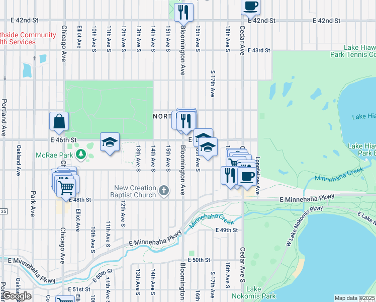 map of restaurants, bars, coffee shops, grocery stores, and more near 4615 Bloomington Avenue in Minneapolis
