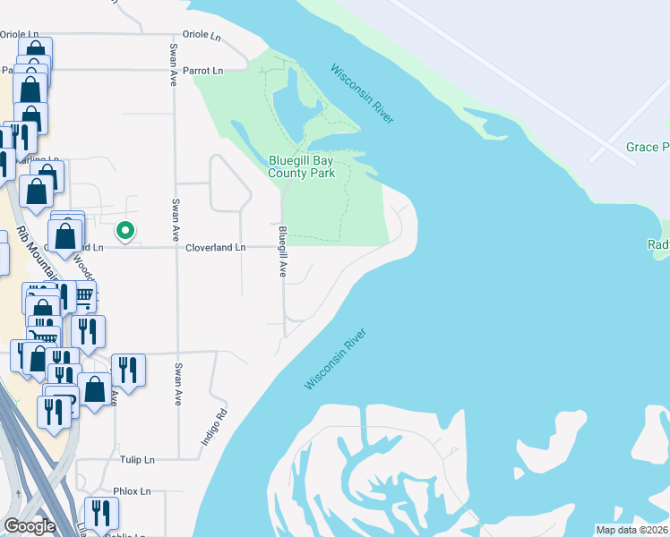 map of restaurants, bars, coffee shops, grocery stores, and more near 4202 Lakeshore Drive in Wausau