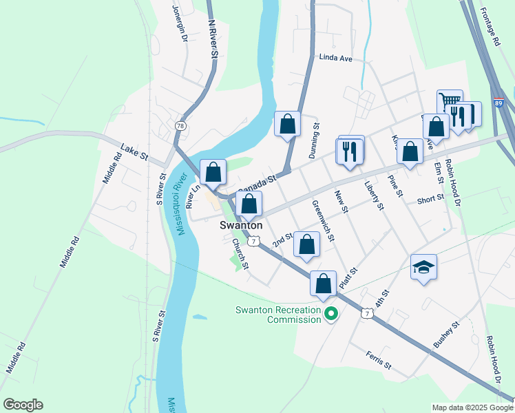 map of restaurants, bars, coffee shops, grocery stores, and more near 10 York Street in Swanton