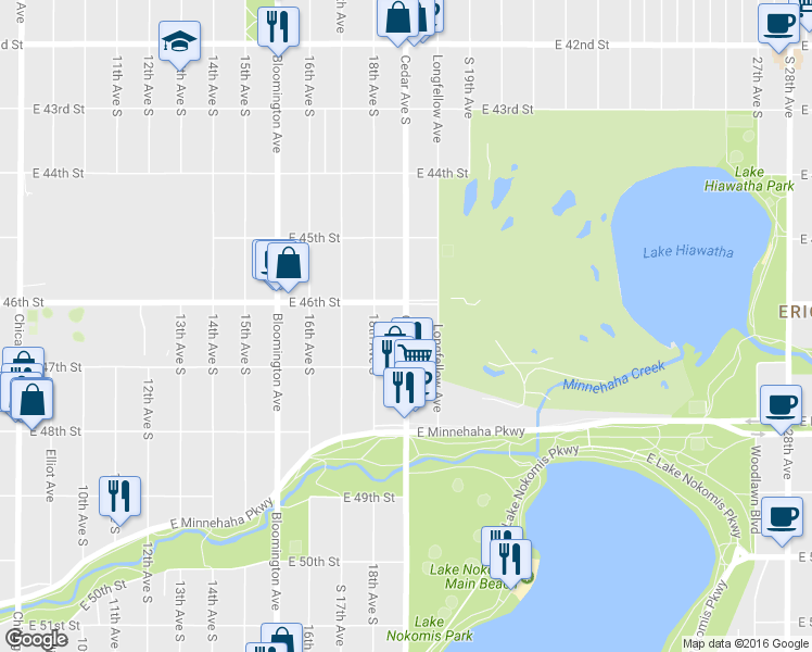 map of restaurants, bars, coffee shops, grocery stores, and more near 4616 Cedar Ave in Minneapolis