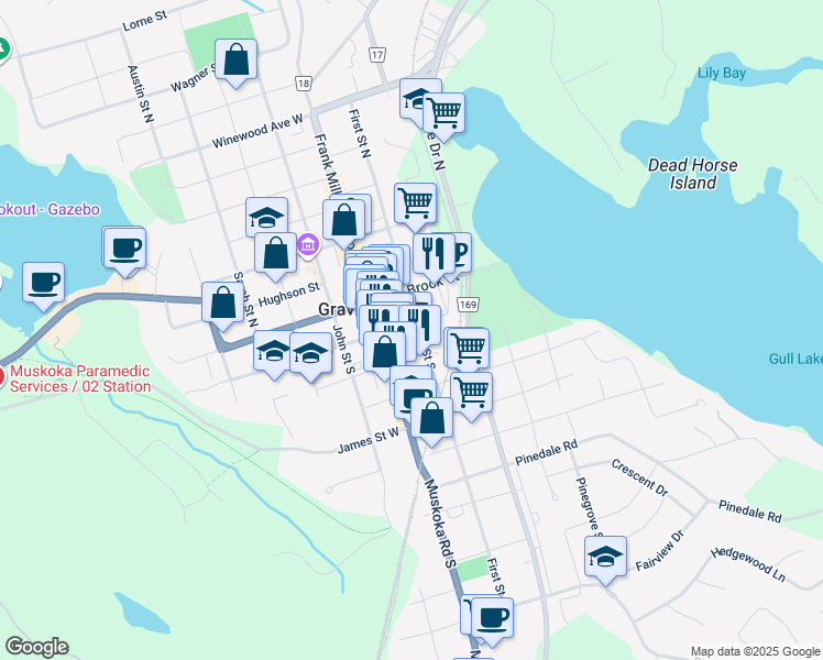 map of restaurants, bars, coffee shops, grocery stores, and more near 191 Royal Street in Gravenhurst