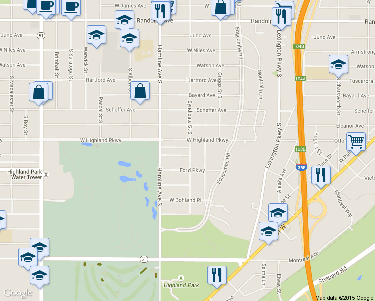 map of restaurants, bars, coffee shops, grocery stores, and more near 1283 West Pinehurst Avenue in Saint Paul