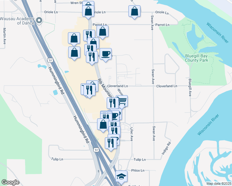 map of restaurants, bars, coffee shops, grocery stores, and more near 4125 Rib Mountain Drive in Wausau
