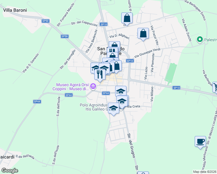 map of restaurants, bars, coffee shops, grocery stores, and more near 31 Via XX Settembre in San Secondo Parmense