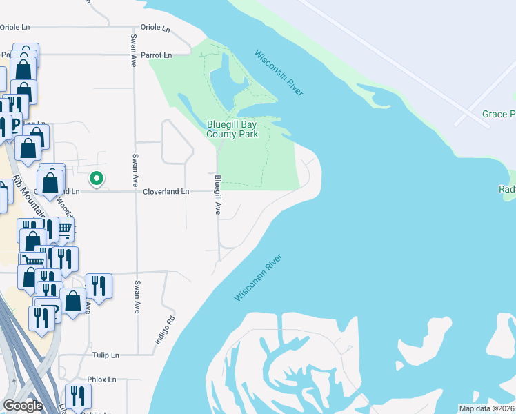 map of restaurants, bars, coffee shops, grocery stores, and more near 4202 Lakeshore Drive in Wausau