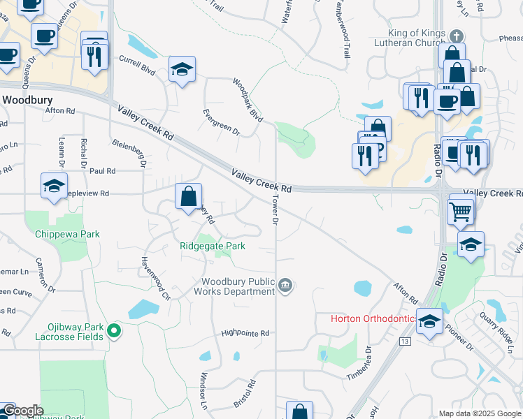 map of restaurants, bars, coffee shops, grocery stores, and more near 7995 Afton Road in Woodbury