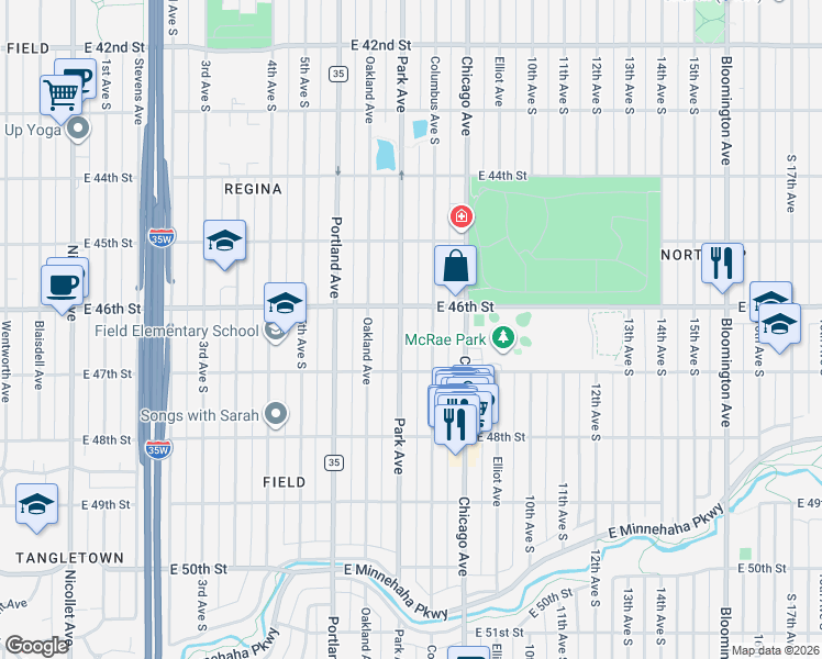 map of restaurants, bars, coffee shops, grocery stores, and more near 4620 Columbus Avenue in Minneapolis