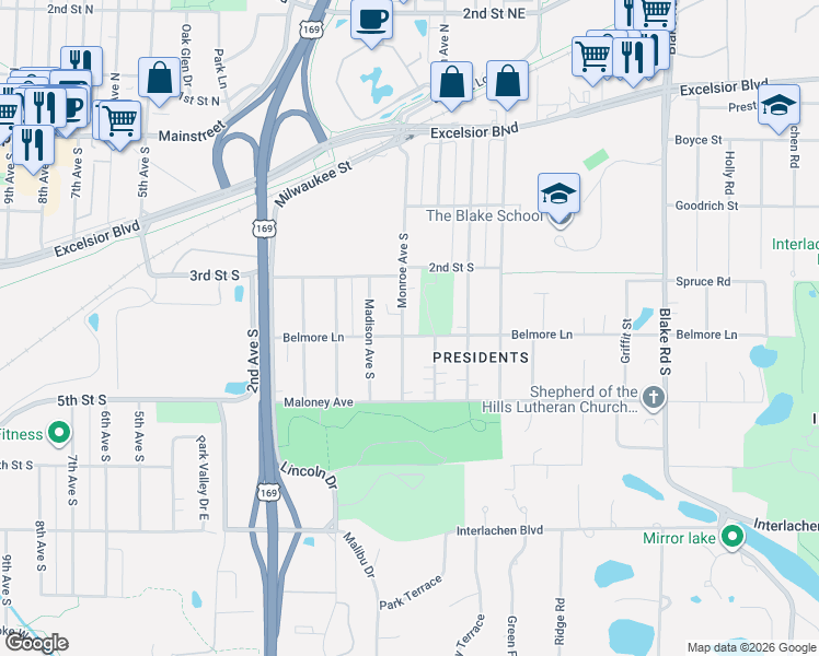 map of restaurants, bars, coffee shops, grocery stores, and more near 323 Monroe Avenue South in Hopkins