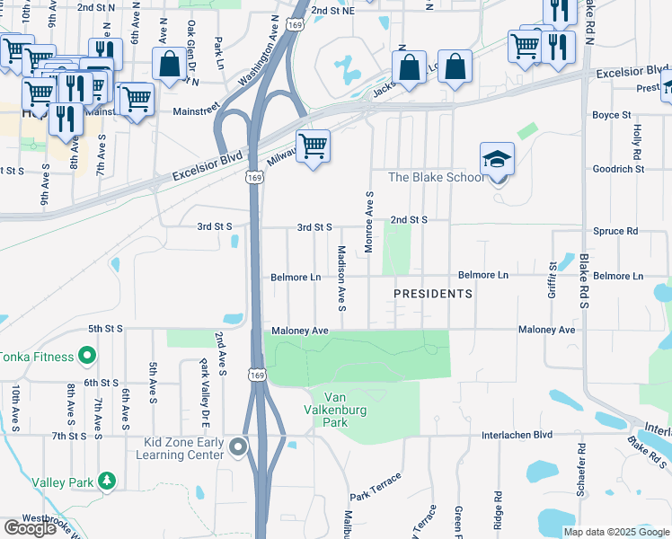 map of restaurants, bars, coffee shops, grocery stores, and more near 320 Madison Avenue South in Hopkins