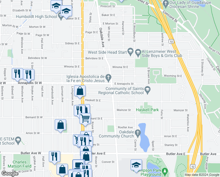 map of restaurants, bars, coffee shops, grocery stores, and more near 897 Oakdale Avenue in Saint Paul