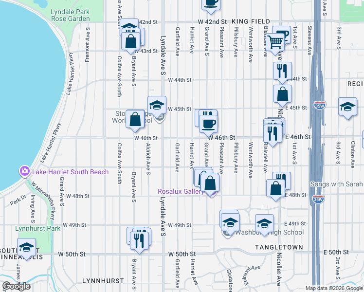 map of restaurants, bars, coffee shops, grocery stores, and more near 4613 Garfield Avenue in Minneapolis