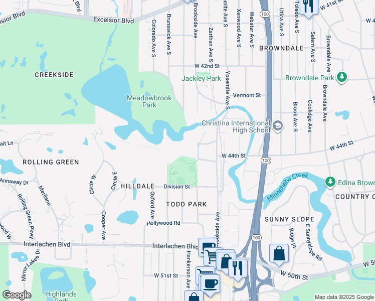 map of restaurants, bars, coffee shops, grocery stores, and more near 4370 Brookside Court in Minneapolis