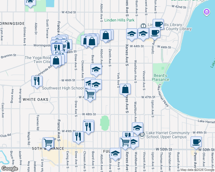 map of restaurants, bars, coffee shops, grocery stores, and more near 4621 Abbott Avenue South in Minneapolis