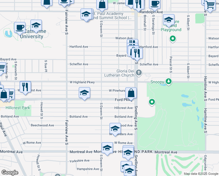 map of restaurants, bars, coffee shops, grocery stores, and more near 1671 West Pinehurst Avenue in Saint Paul