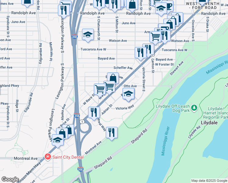 map of restaurants, bars, coffee shops, grocery stores, and more near 1473 Minnesota 5 in Saint Paul