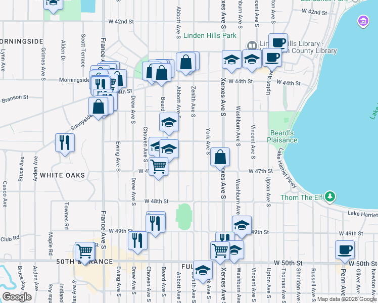 map of restaurants, bars, coffee shops, grocery stores, and more near 4621 Abbott Avenue South in Minneapolis