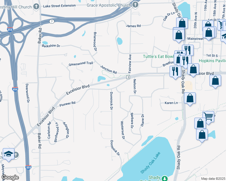 map of restaurants, bars, coffee shops, grocery stores, and more near 4714 Winterset Drive in Hopkins