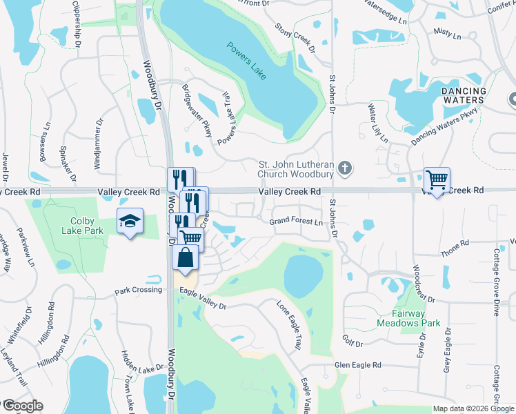 map of restaurants, bars, coffee shops, grocery stores, and more near 10256 Grand Isle Place in Woodbury