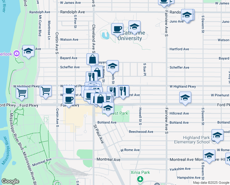 map of restaurants, bars, coffee shops, grocery stores, and more near 1995 West Pinehurst Avenue in Saint Paul