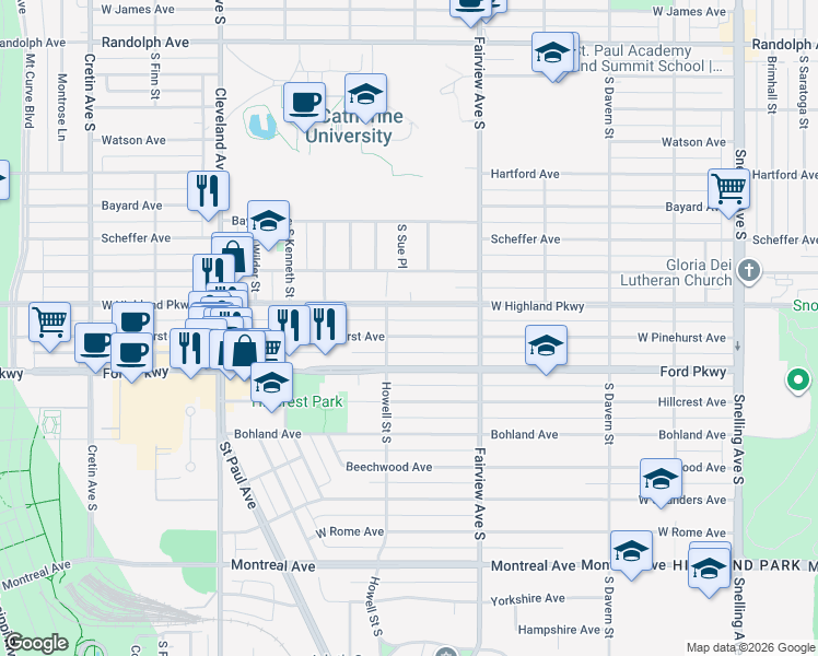 map of restaurants, bars, coffee shops, grocery stores, and more near 1889 West Pinehurst Avenue in Saint Paul