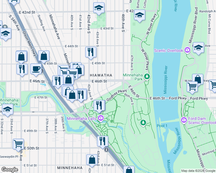 map of restaurants, bars, coffee shops, grocery stores, and more near 4621 44th Avenue South in Minneapolis