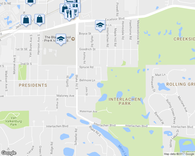map of restaurants, bars, coffee shops, grocery stores, and more near 6216 Belmore Lane in Hopkins