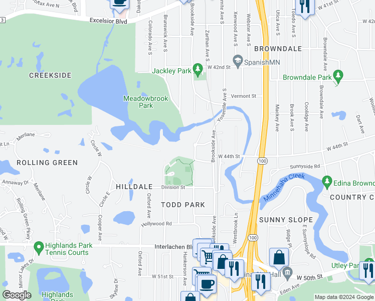 map of restaurants, bars, coffee shops, grocery stores, and more near 4370 Brookside Court in Minneapolis