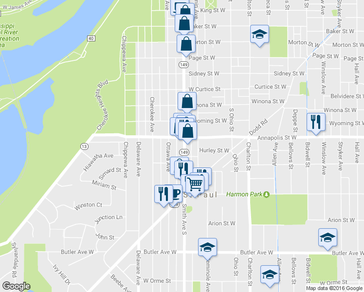 map of restaurants, bars, coffee shops, grocery stores, and more near 897 Minnesota 149 in West Saint Paul