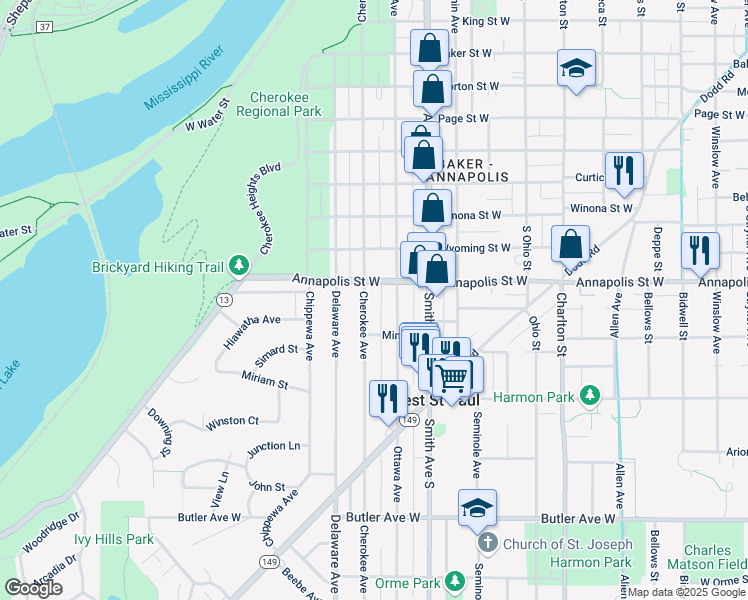 map of restaurants, bars, coffee shops, grocery stores, and more near 901 Ottawa Avenue in Saint Paul